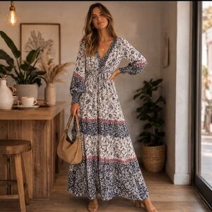 Love Stitch Boho Maxi Dress Floral Long Sleeve Peasant Dress | Size M